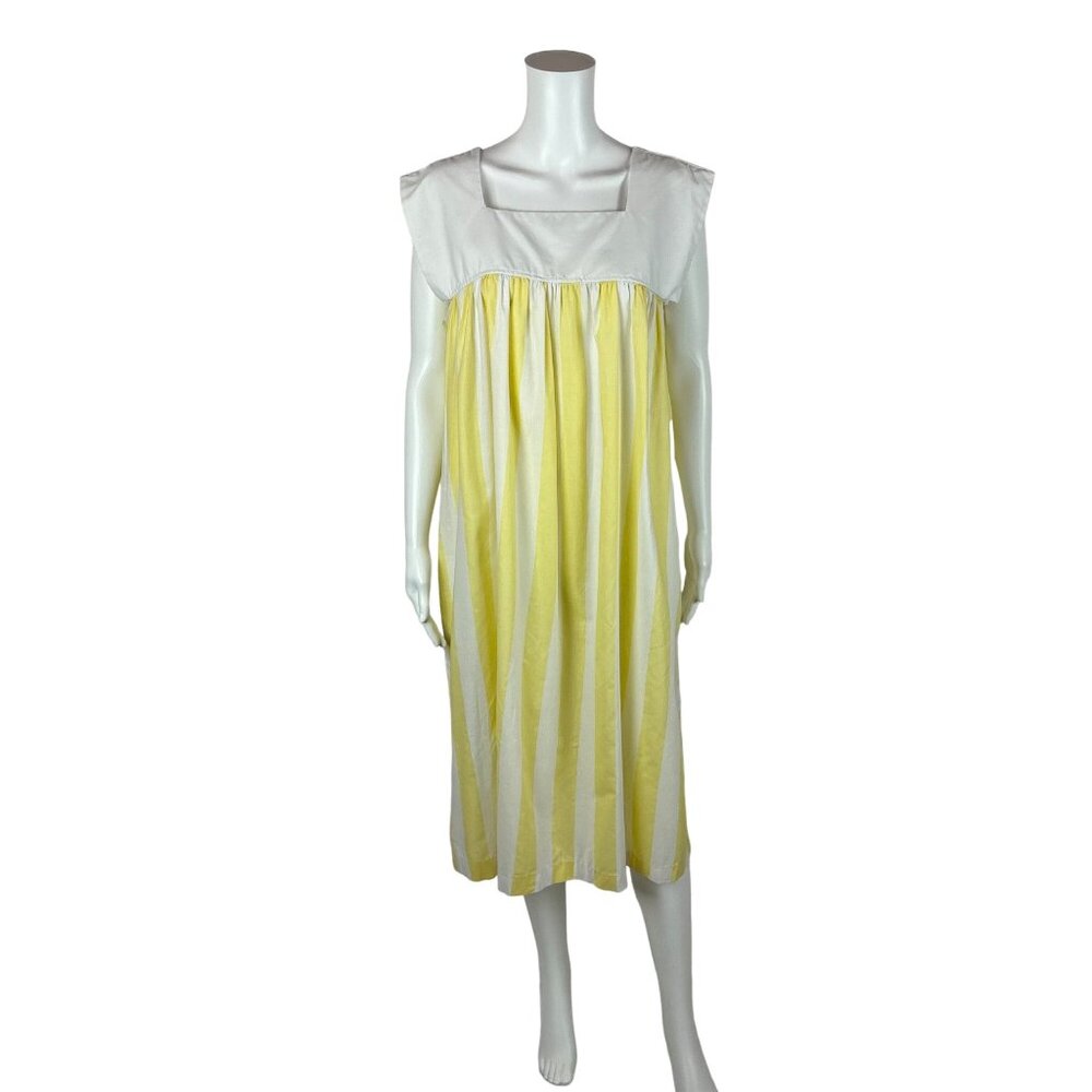 Vintage 80s Casual Dress Women's Large Lemon Yellow White Striped Shift